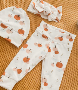 Pastel Pumpkin Print Legging and Bow Headband Outfit