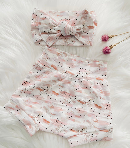 Pink Pastel Paint Stroke Bummies in White with Bow Headband