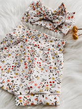 Load image into Gallery viewer, Scattered Floral Bummies in White with Bow Headband