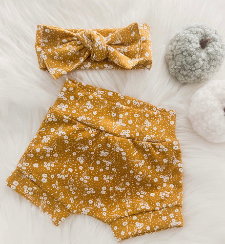 White Ditsy Floral Bummies in Yellow with Bow Headband