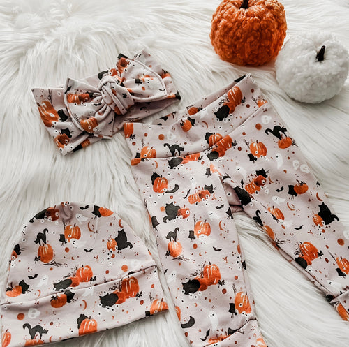 Halloween Cat and Pumpkin Legging, Hat and Headband Bow in Sand