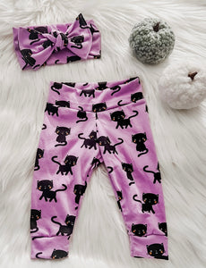 Halloween Black Cat Legging and Headband Bow Outfit in Purple