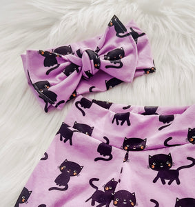 Halloween Black Cat Legging and Headband Bow Outfit in Purple