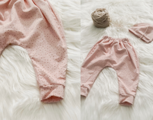 Load image into Gallery viewer, Pearl Pink with Gold Dot Harem Baby Pants and Hat