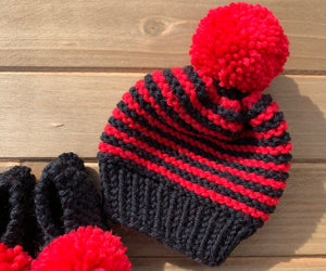 Hand Knitted Black and Red Hat with Booties