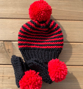 Hand Knitted Black and Red Hat with Booties