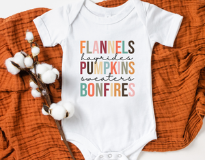 Flannels, Hayrides, Pumpkins, Sweaters, Bonfires Baby Bodysuit
