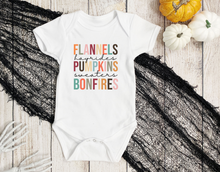Load image into Gallery viewer, Flannels, Hayrides, Pumpkins, Sweaters, Bonfires Baby Bodysuit