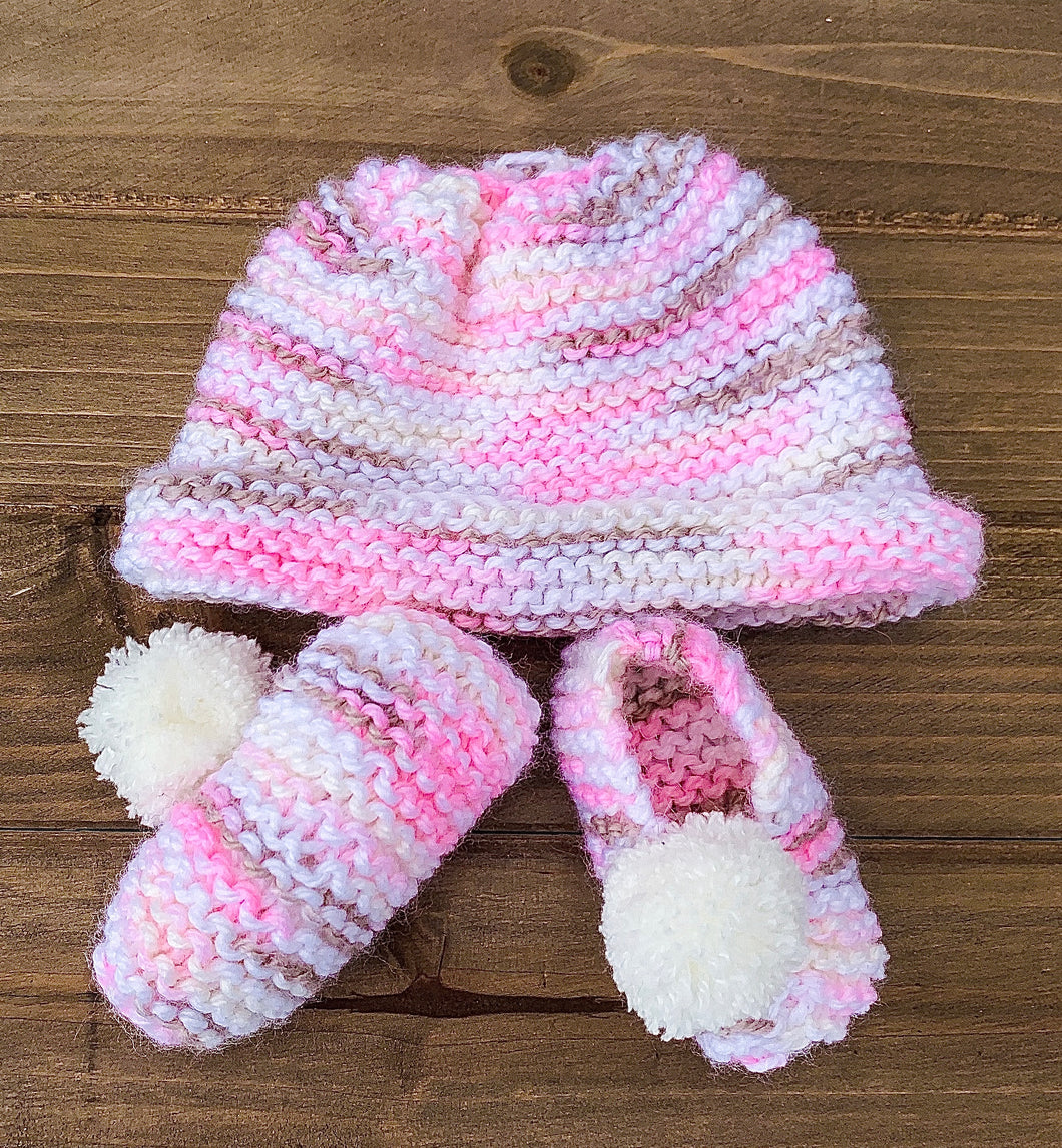 Hand Knitted Pink and Brown Hat with Booties
