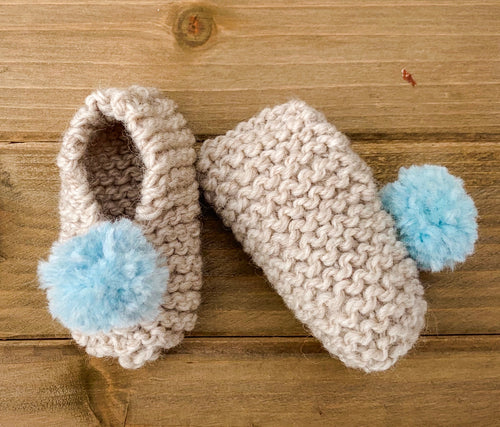 Hand Knitted Tan Booties with Pom Pom