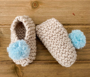 Hand Knitted Tan Booties with Pom Pom