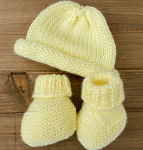 Hand Knitted Yellow Hat with Booties