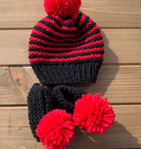 Hand Knitted Black and Red Hat with Booties